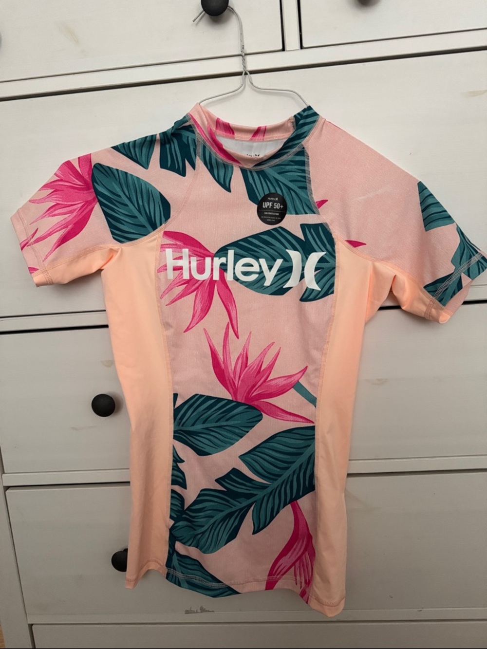 Hurley Peach Pink and Teal Floral Short Sleeve Rashguard